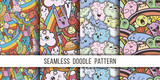 Fototapeta Młodzieżowe - Collection of funny doodle monsters seamless pattern for prints, designs and coloring books