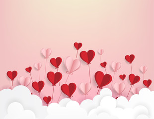 Wall Mural - Paper art of illustration love and valentine day,Origami made hot air balloon flying