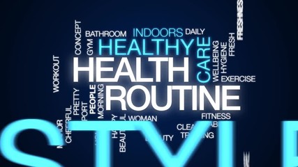 Wall Mural - Health routine animated word cloud. Kinetic typography.