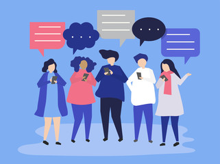 Sticker - Characters of people chatting through smartphones illustration