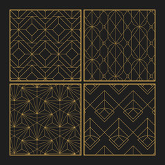 Wall Mural - Golden geometric seamless patterns set on black background