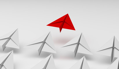 Poster - leadership concept with red and white paper airplane on white background. Digital craft in education or travel concept. Mock up design. 3d abstract illustration