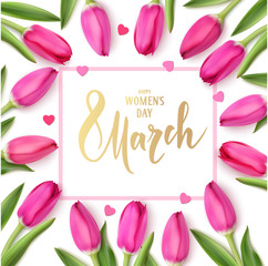 Canvas Print - Women's day design template. Holiday background with pink tulips and decorative hearts. Vector illustration. Spring flowers on white background. 8 March lettering text. Happy Womens day