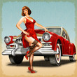 Pin-up girl and retro car isolated on vintage background	
