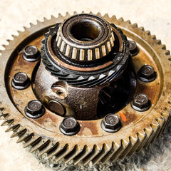 dismantled box car transmissions. gear with bearings. the gears