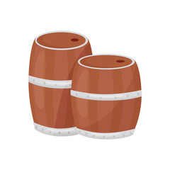 Wall Mural - Two wooden barrels for farming and wine-making. Cylindrical containers. Cartoon vector design