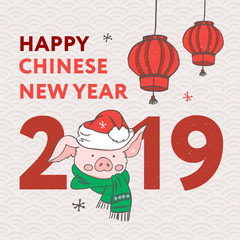 Poster - Happy New Year 2019. Chinese New Year. The year of the pig. Translation : title Happy New Year.