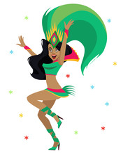 Brazilian Samba Dancer. Carnival In Rio De Janeiro Girls Wearing A Festival Costume Is Dancing. Vector Illustration. Design For Menu, Card, Invitation.	