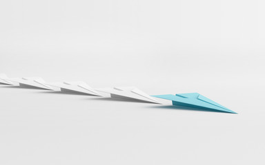 Poster - leadership or different concept with blue and white paper airplane on white background. Digital craft in education or travel concept. Mock up design. 3d abstract illustration