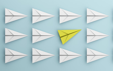 Poster - leadership or different concept with yellow and white paper airplane on blue background. Digital craft in education or travel concept. Mock up design. 3d abstract illustration