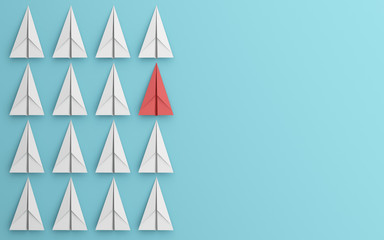 Poster - leadership or different concept with red and white paper airplane on blue background. Digital craft in education or travel concept. Mock up design. 3d abstract illustration