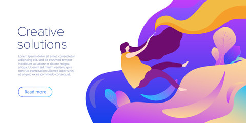 Creative solutions vector illustration concept in flat design. Young woman freelance designer, artist or illustrator. Website layout or landing page template. Web banner concept.