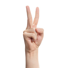 Hand with two fingers up, isolated on white background