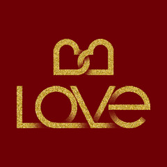 Wall Mural - Love golden glittering lettering with two connected hearts valentine logo on red background. Design elements for Valentine's day greeting card.