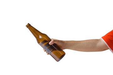 Wall Mural - Cropped of woman hand holding beer bottle without label isolated on white background. Clipping path include.