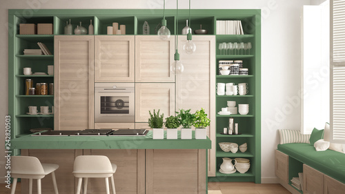 Modern Green Kitchen With Wooden Details In Contemporary Luxury Apartment With Parquet Floor Vintage Retro Interior Design Architecture Open Space Living Room Concept Idea Buy This Stock Illustration And Explore Similar