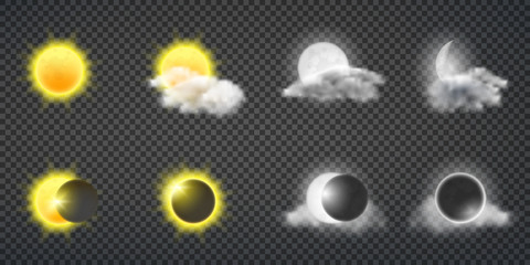 Wall Mural - Sun activity or weather forecast, moon calendar 3d realistic vector design elements set. Sun, full and young moon disks in clouds and during eclipse illustrations isolated on transparent background