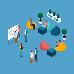 Poster - isometric coworking center freelancer young people