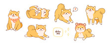 Kawaii Shiba Inu Dogs In Various Poses. Hand Drawn Big Colored Vector Set. All Elements Are Isolated
