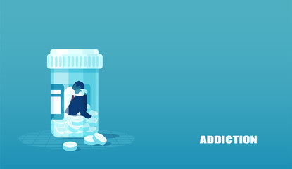 vector of a sick sad patient man in depression drowning in medications sitting inside a bottle.