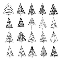 Hand-drawn Christmas trees for winter and holiday illustrations.