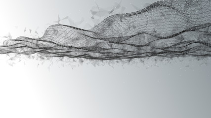 Poster - Abstract wavy structure made. Plexus background with connected lines and dots. Digital connection of elements. Imitation waves. 3D rendering.