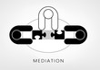 mediator and two persons add up puzzle pieces on the light grey background. flat style, top view, vector illustration, horizontal