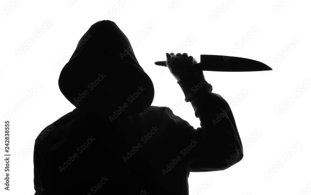 Silhouette of villain with sharp knife on white background