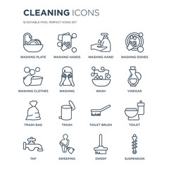 Wall Mural - 16 linear Cleaning icons such as Washing plate, WASHING HANDS, Sweeping, Tap, Toilet, Suspension, clothes modern with thin stroke, vector illustration, eps10, trendy line icon set.