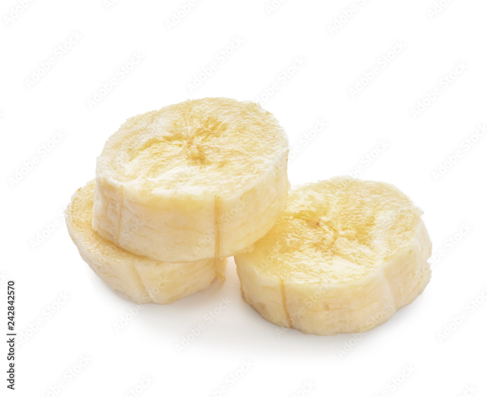 Pieces of ripe banana on white background