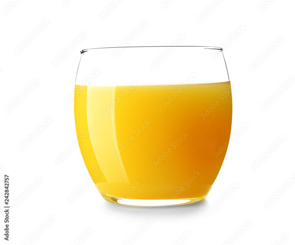 Glass of fresh orange juice on white background