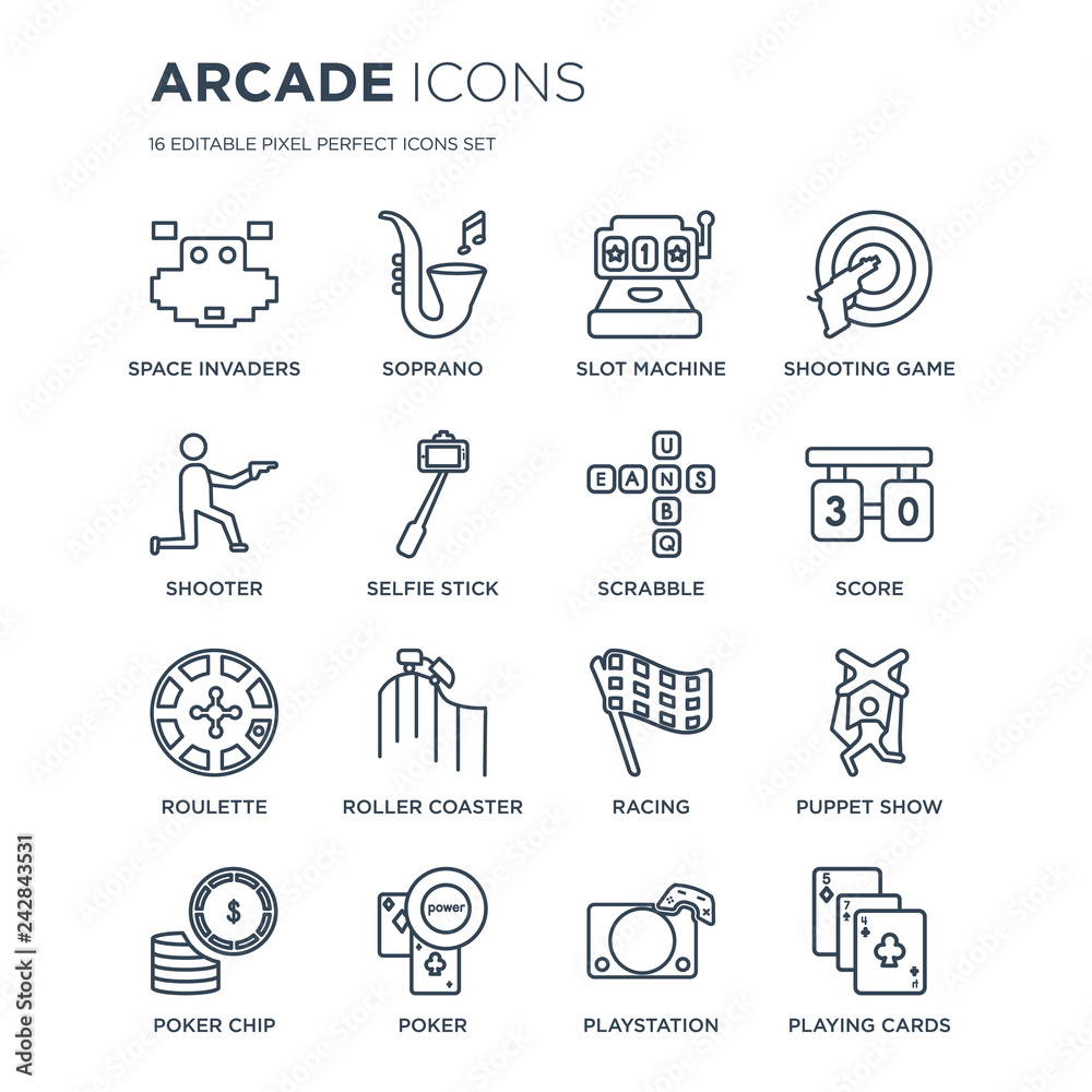 16 linear Arcade icons such as Space invaders, Soprano, Poker, Poker ...