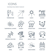 16 Linear  Icons Such As Temperature, Sunshine, Sleet, Smog, Snow Cloud, Rainy Day, Subtropical Climate Modern With Thin Stroke, Vector Illustration, Eps10, Trendy Line Icon Set.