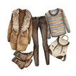 © HikaruD88 - Watercolor Fashion Illustration. set of trendy accessories. Lovely Autumn, coat, sweater, backpack, shoes,jeans