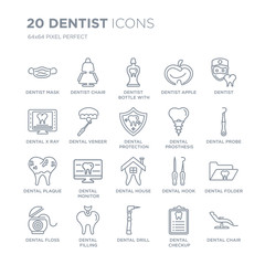 Wall Mural - Collection of 20 Dentist linear icons such as mask, chair, Dental drill, filling, floss, dentist line icons with thin line stroke, vector illustration of trendy icon set.