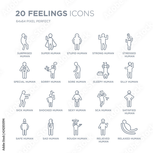 Fotografia Collection of 20 Feelings linear icons such as surprised human, super rough sad safe human line icons with thin line stroke, vector illustration of trendy icon set