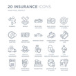 © t-vector-icons - Collection of 20 Insurance linear icons such as Robbery, Repair, Inundation, Investment insurance, License line icons with thin line stroke, vector illustration of trendy icon set.