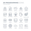 Collection of 20 Programming linear icons such as Engineering, Encryption, Coding, Cogwheel, Command, Developer, Css, Console line icons with thin line stroke, vector illustration of trendy icon set.