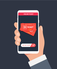 Leinwandbilder - Hand holding phone with online ticket. Concept of online booking mobile application with book button and tickets icon on screen