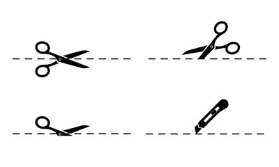 Poster - Scissors. Set of scissors and stationery knife with cut lines