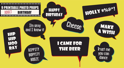 Adult birthday party photo booth props vector elements.