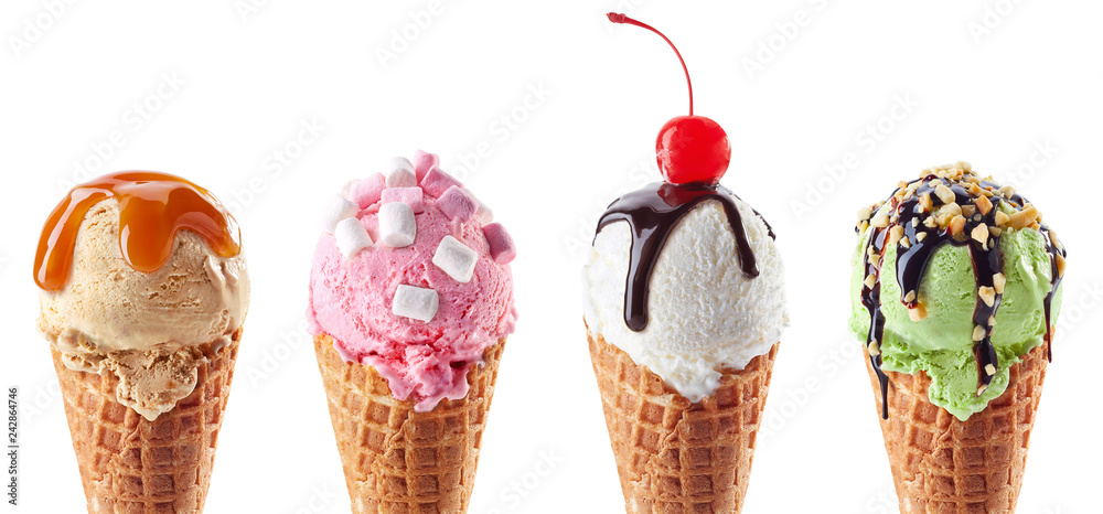 Set of four various ice cream scoops in waffle cones - obrazy, fototapety, plakaty 