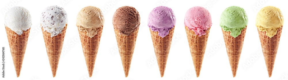 Set of various ice cream scoops in waffle cones - obrazy, fototapety, plakaty 