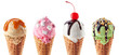 Leinwandbild Motiv Set of four various ice cream scoops in waffle cones