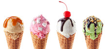 Set Of Four Various Ice Cream Scoops In Waffle Cones