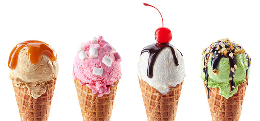 Wall Mural - Set of four various ice cream scoops in waffle cones