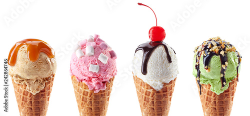 Cuadros en Lienzo Set of four various ice cream scoops in waffle cones