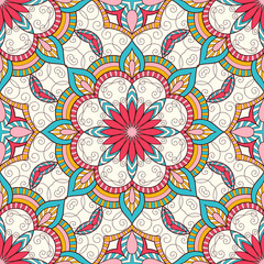 Decorative colorful ethnic seamless pattern for fabric or wrapping in oriental style. Hand drawn illustration