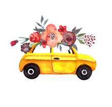 Yellow Retro Small Car Watercolor Illustration With Flowers.