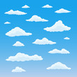 Cartoon cloud set. Cloudy sky background. Blue heaven with white fluffy clouds. Vector illustration.
